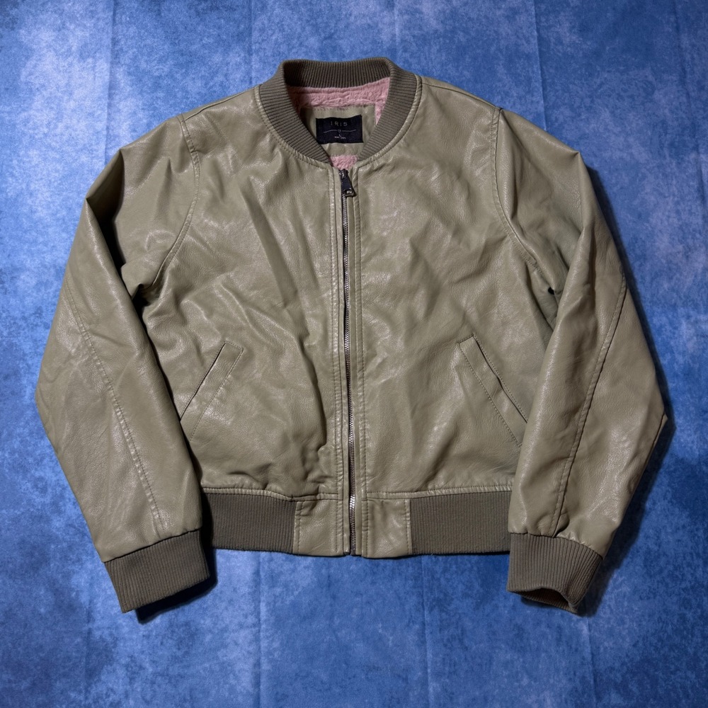 Y2K Iris Sage Green Faux Leather Bomber Jacket Pink Fur Lined Women L